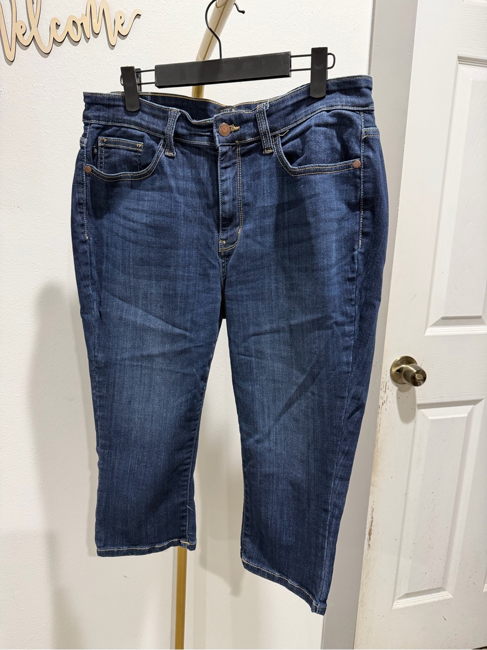 Judy Blue Dark Indigo Denim with Brown Leather Patch